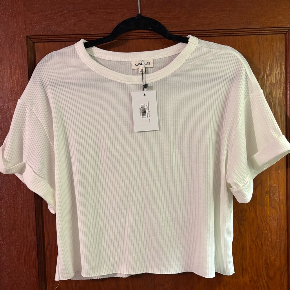 Sugarlips Women's Cream Ribbed Short Sleeve Tee